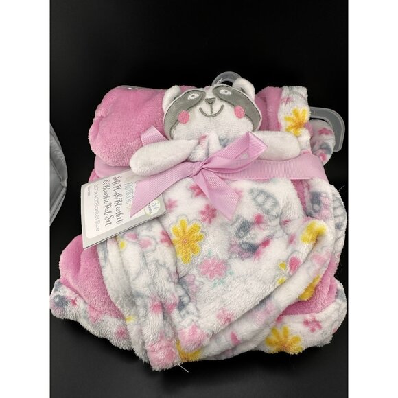 Le Bebe Pink Floral Baby Security Blanket 30” X 40” Fleece Raccoon Lovey NWT - Picture 1 of 6